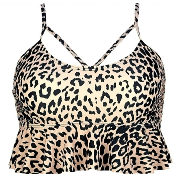 COCOSHIP Ruffled Hem Rusched Side Tankini Leopard Print Swim Suit Top Size L - Picture 1 of 12